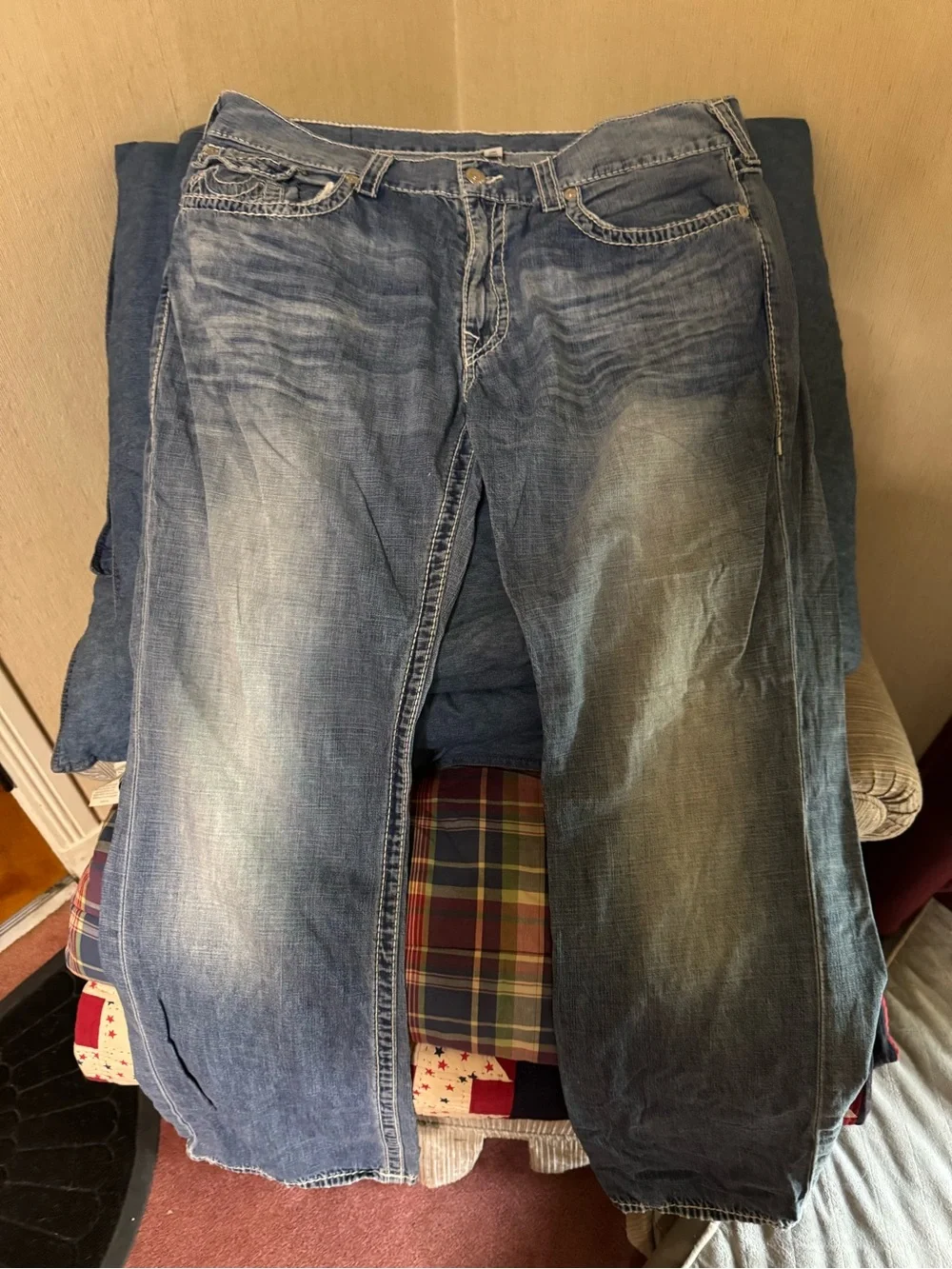 True Religion Men's Straight Jeans in Distressed Dark Blue